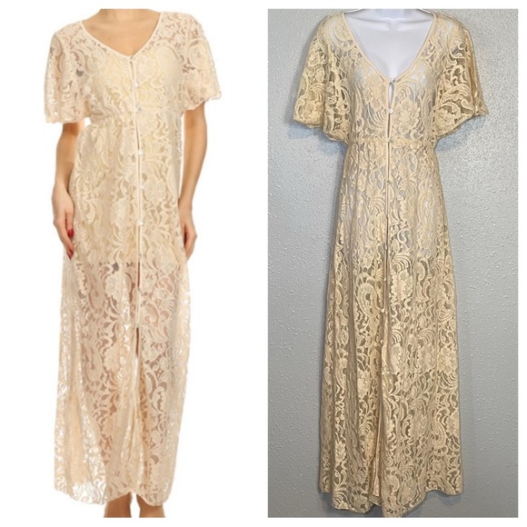 Elan Cream Lace Flutter Sleeve V-Neck Button Down Dress - Picture 1 of 8